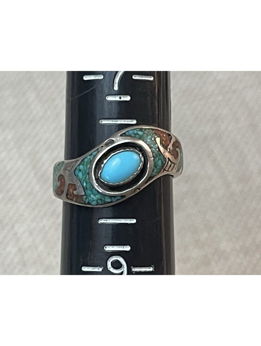 Native American T.J.W. Sterling Silver 925 Turquoise Coral Inlay Band Ring
